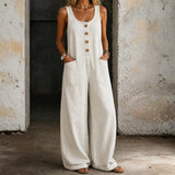 Woman wearing a sleeveless vintage-style cotton jumpsuit with square neckline