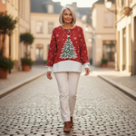 Sofia red patterned jumper, styled view