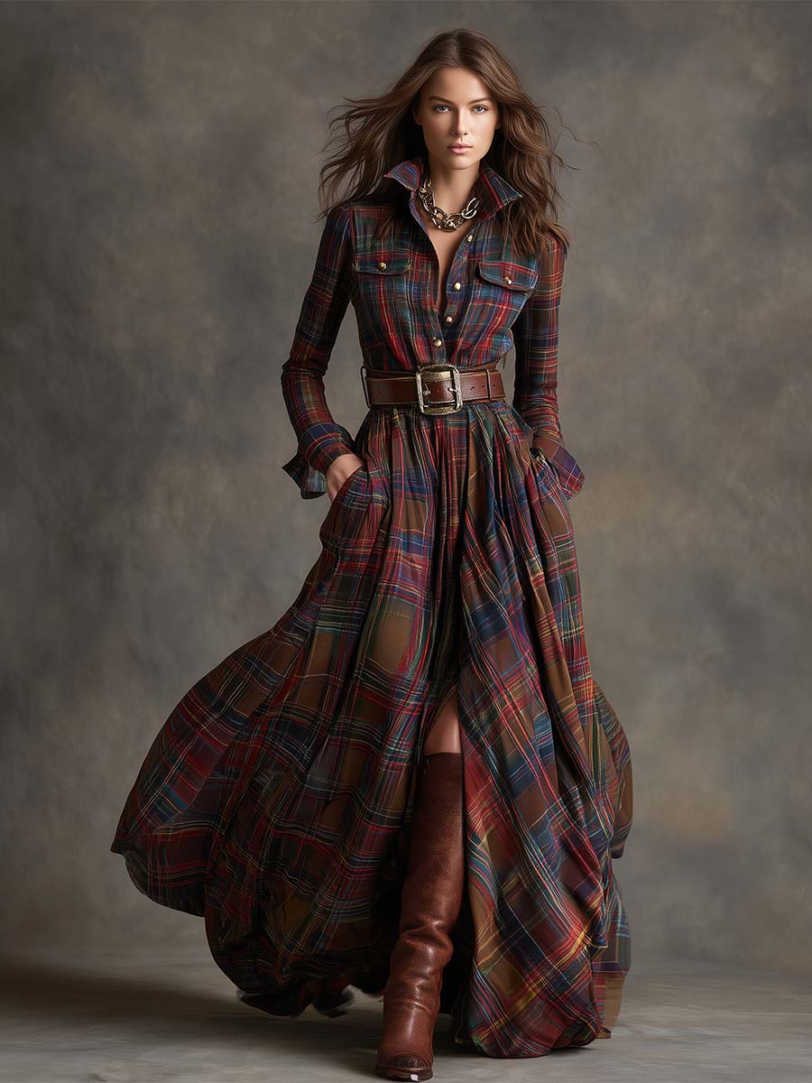 Woman wearing a belted plaid shirt dress with structured collar and flared skirt
