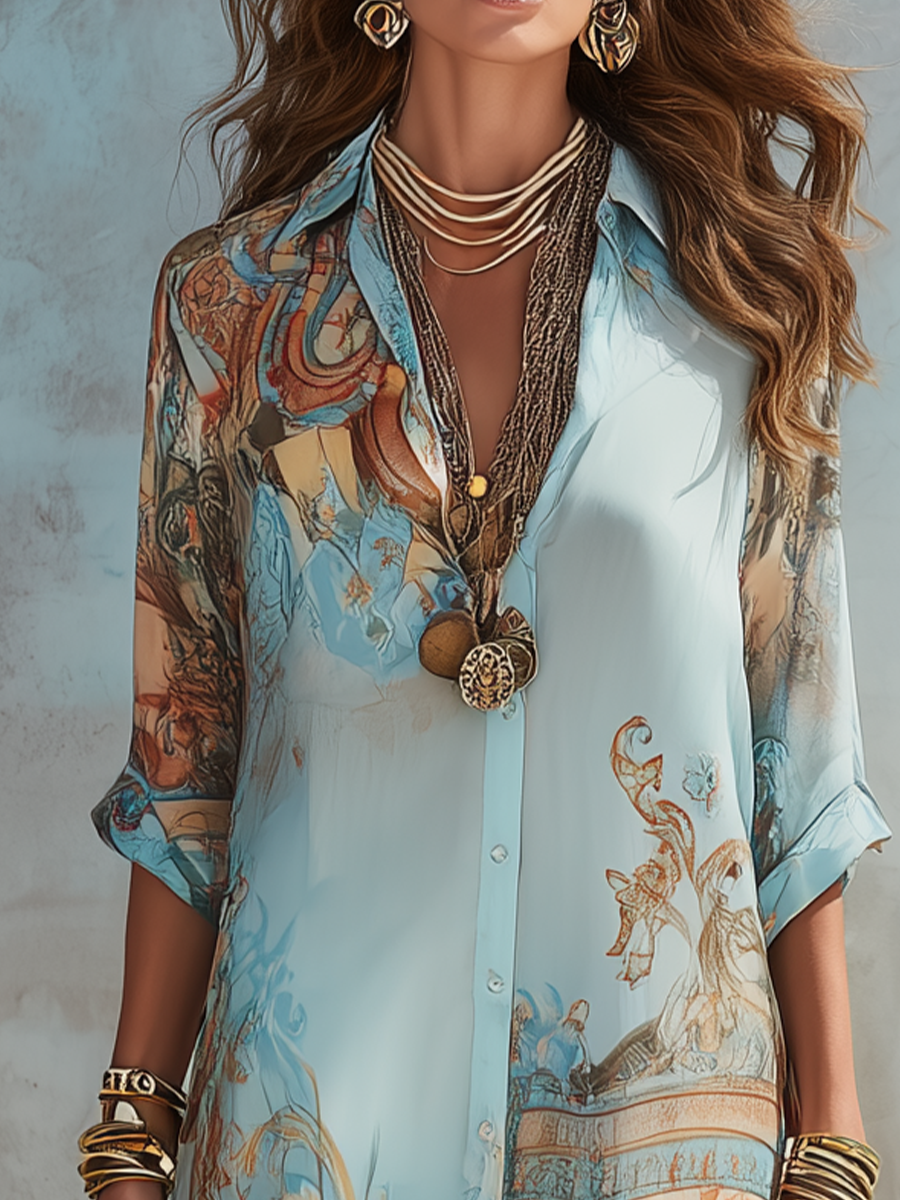 Blue printed midi shirt dress with self-tie waist