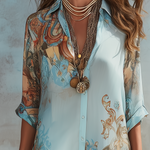 Blue printed midi shirt dress with self-tie waist