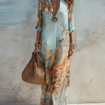 Blue printed midi shirt dress with self-tie waist