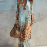 Blue printed midi shirt dress with self-tie waist