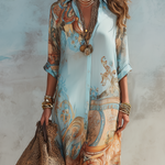 Blue printed midi shirt dress with self-tie waist
