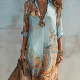 Blue printed midi shirt dress with self-tie waist
