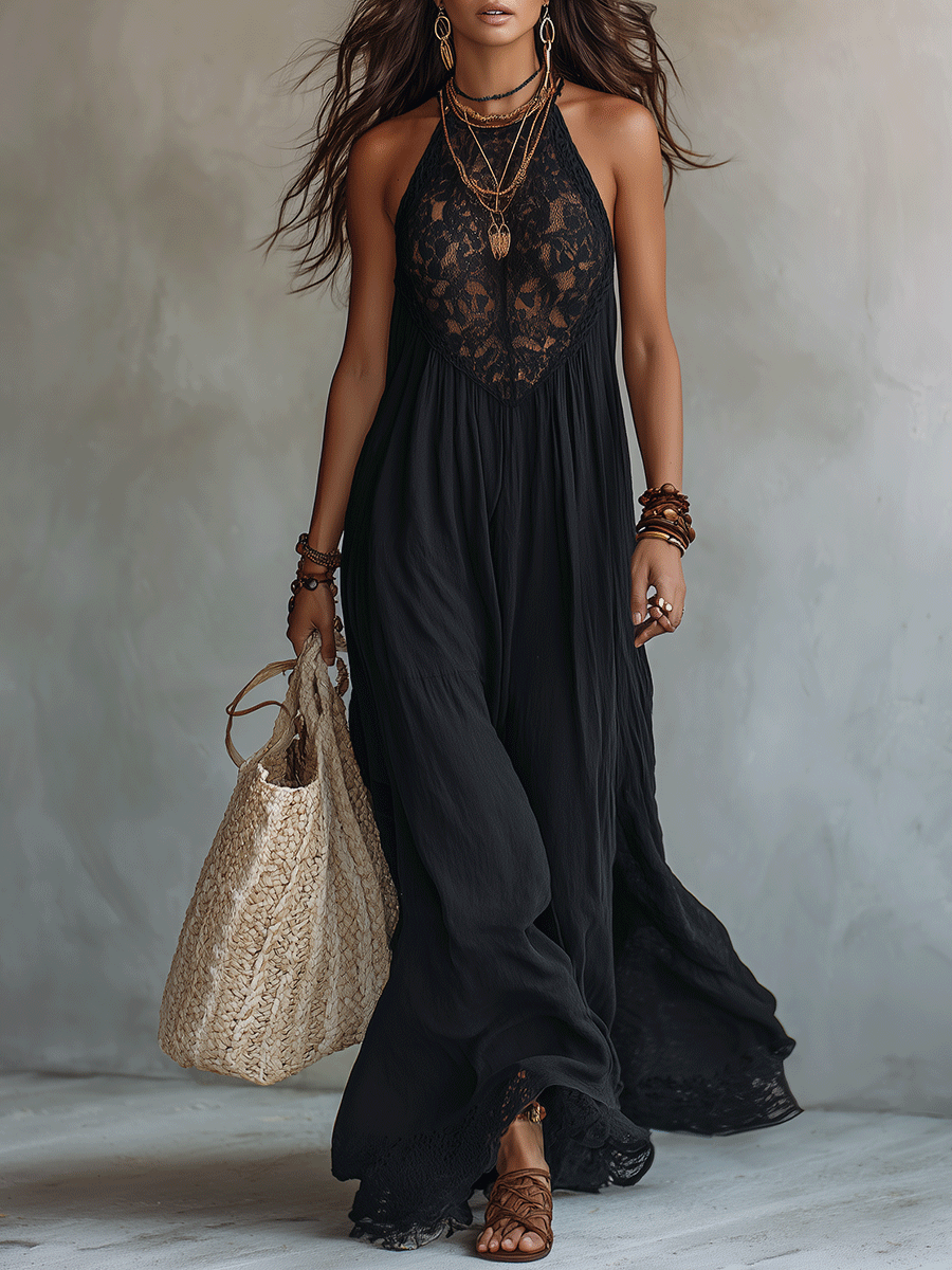 Woman in a draped sleeveless ankle-length maxi dress