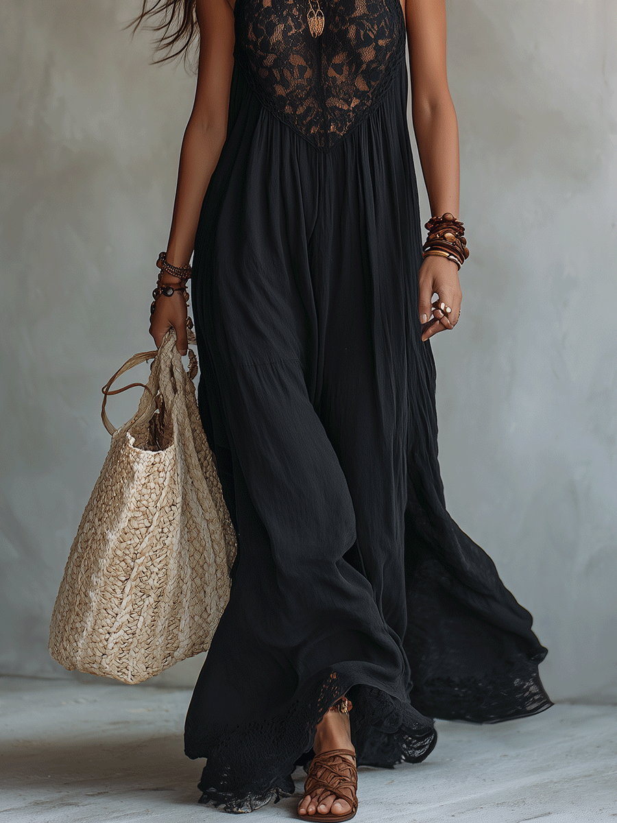 Woman in a draped sleeveless ankle-length maxi dress