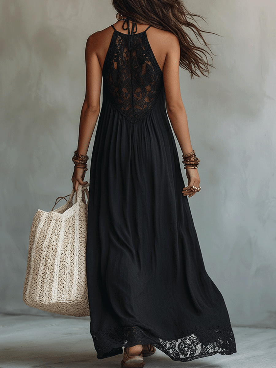 Woman in a draped sleeveless ankle-length maxi dress