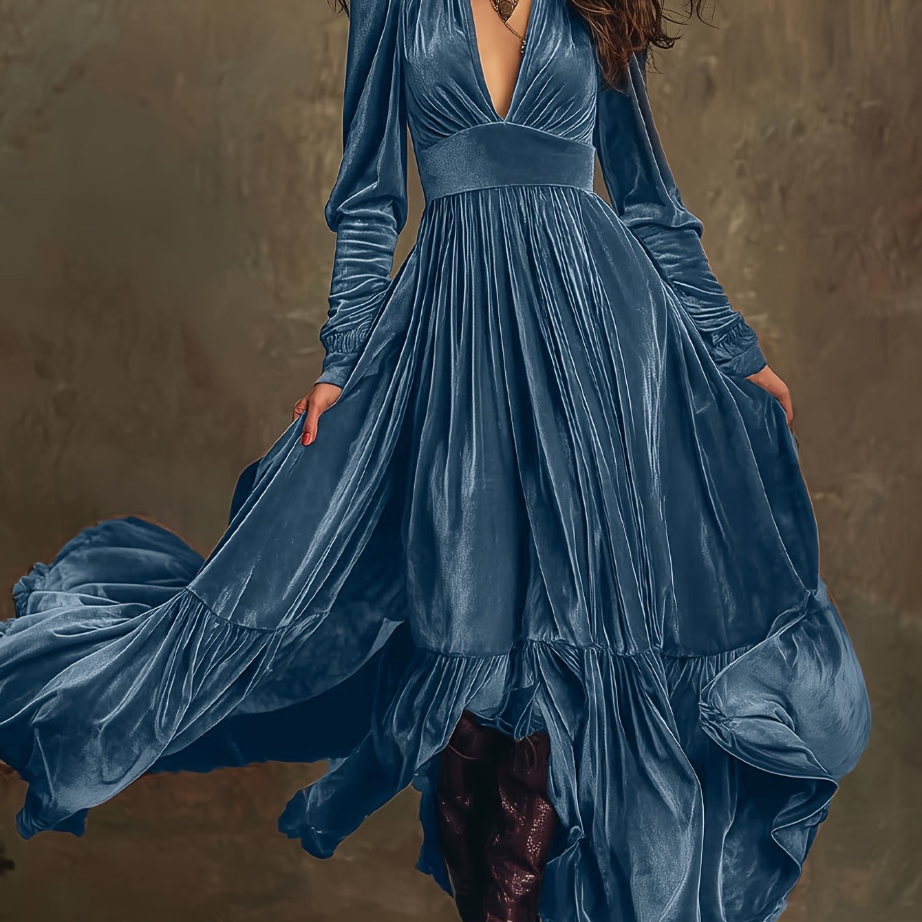 Woman wearing a deep V-neck pleated maxi dress
