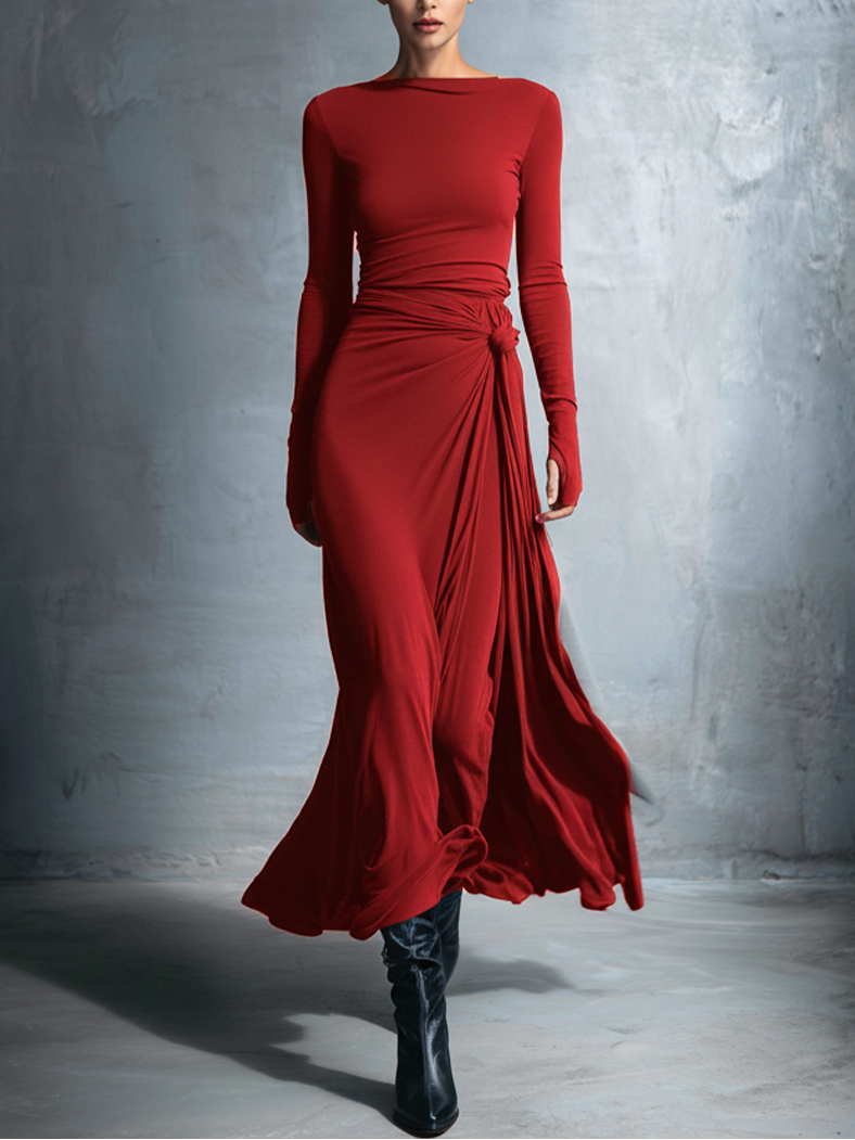 Woman wearing a long-sleeve maxi dress with an adjustable side tie
