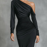 Woman wearing a satin ruched mermaid dress