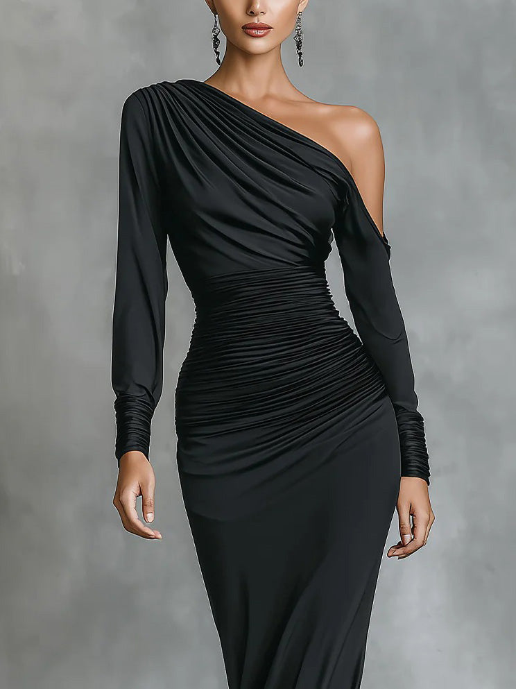 Woman wearing a satin ruched mermaid dress