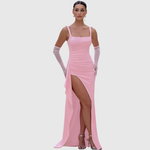 Black open-back slip maxi dress with thigh-high split