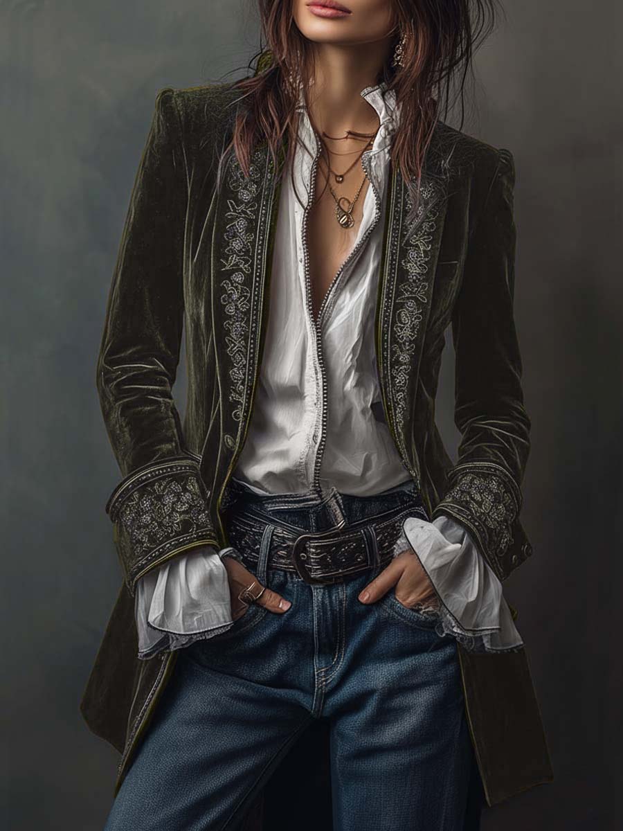 Woman wearing a long embroidered velvet jacket