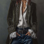 Woman wearing a long embroidered velvet jacket