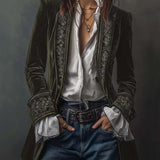 Woman wearing a long embroidered velvet jacket