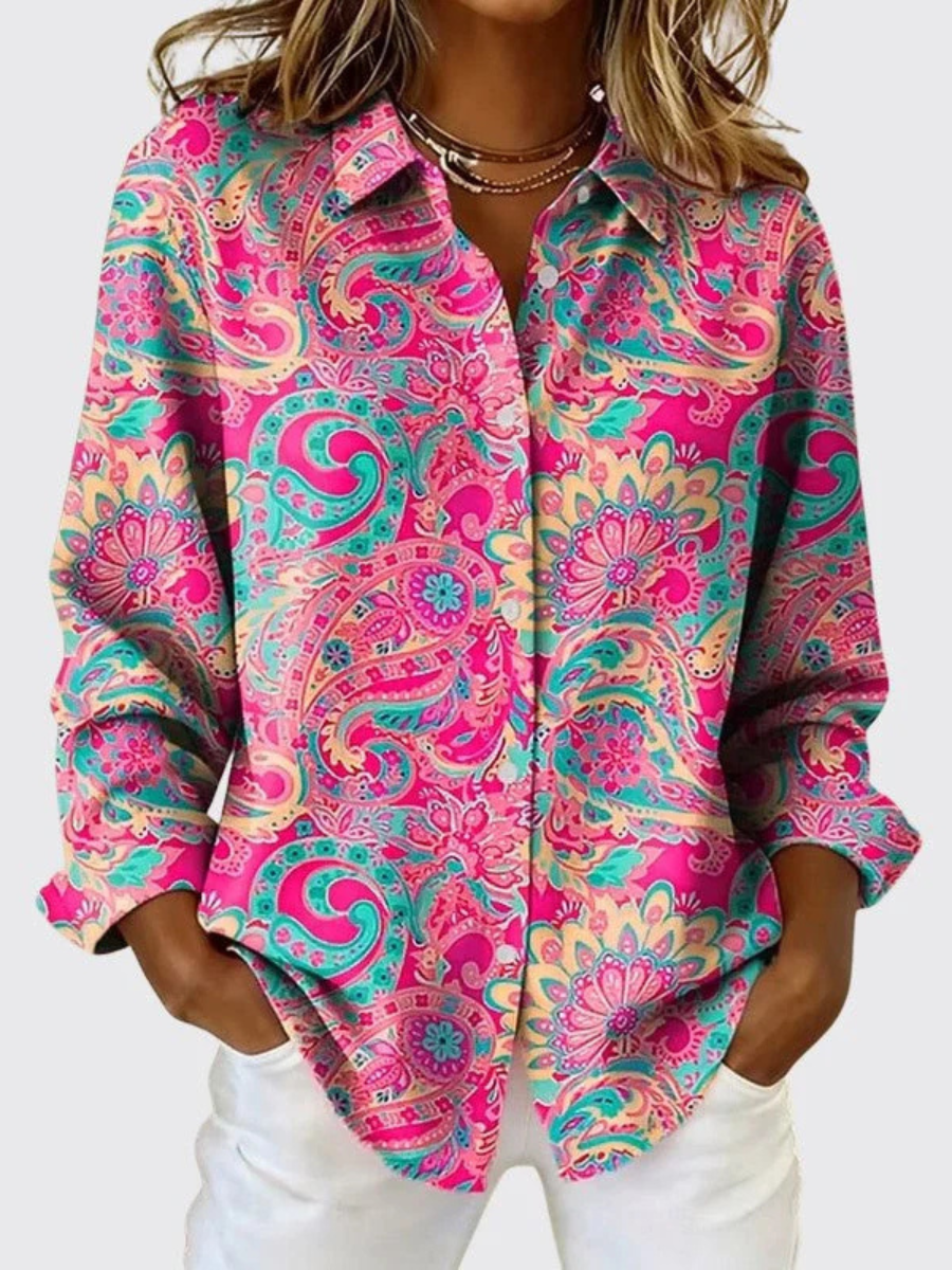 Vibrant paisley print button-up blouse