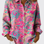 Vibrant paisley print button-up blouse