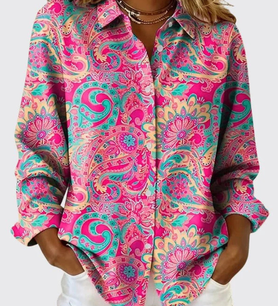 Vibrant paisley print button-up blouse