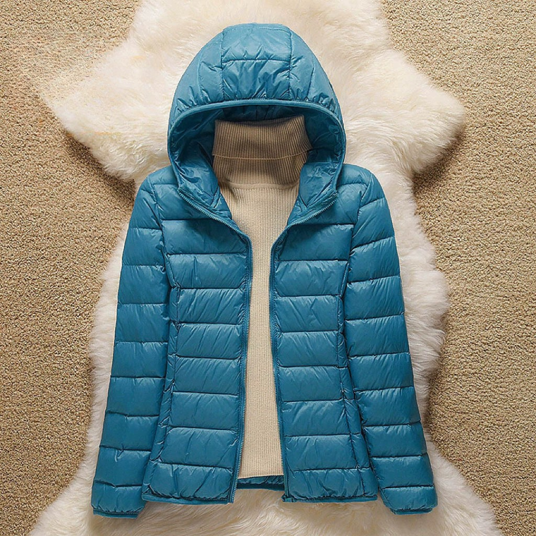 Ocean blue lightweight padded jacket with a feminine fit