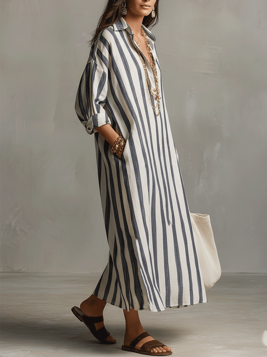 Striped button-front boho maxi dress
