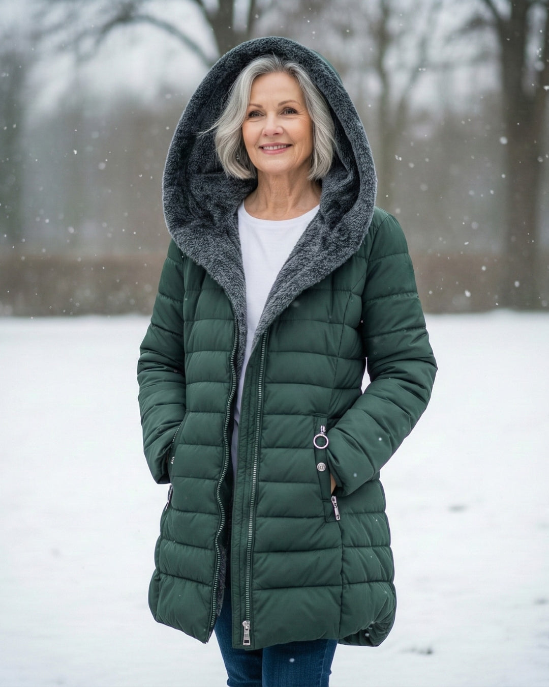 Woman wearing a fleece-lined quilted padded jacket with a shaped waist