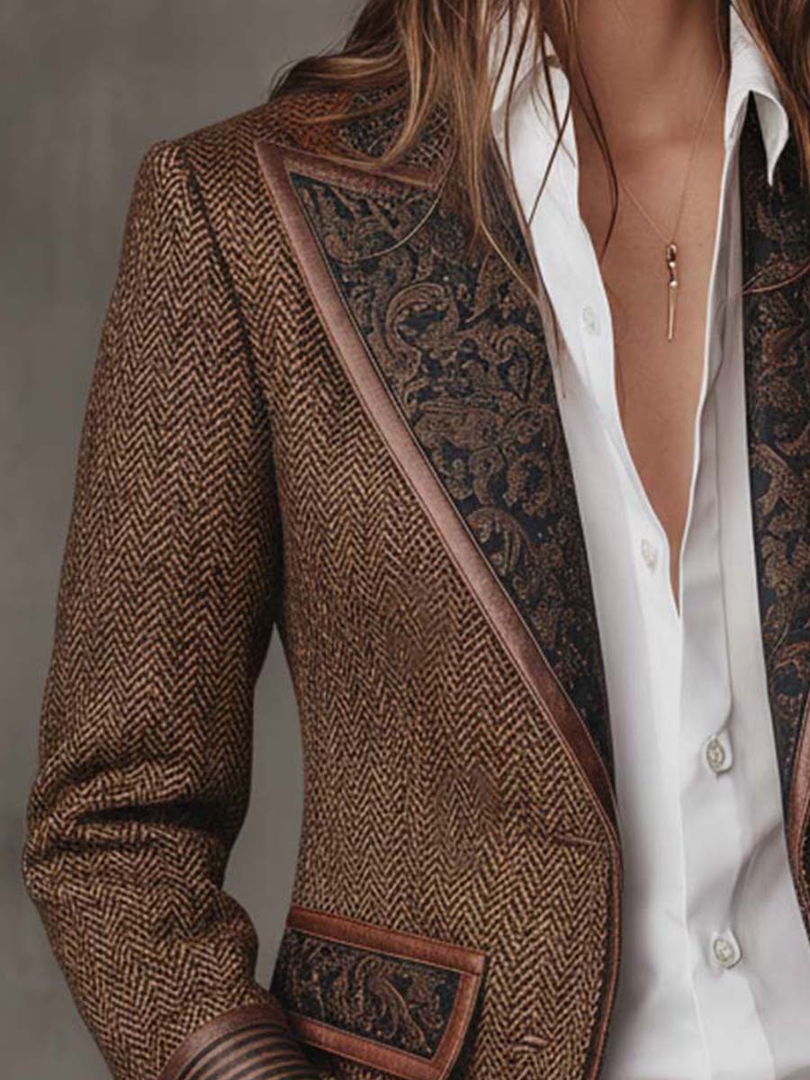 Woman wearing a herringbone panel blazer