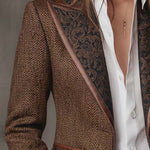 Woman wearing a herringbone panel blazer