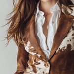 Woman wearing a vintage cow print blazer
