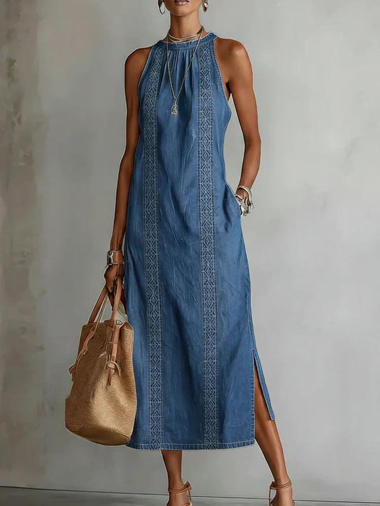 Retro lace-trim denim dress
