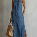 Retro lace-trim denim dress
