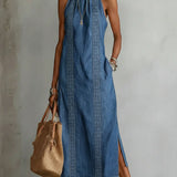 Retro lace-trim denim dress
