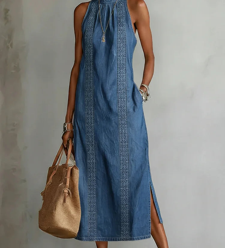 Retro lace-trim denim dress
