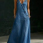 Woman wearing a long button-front denim dress