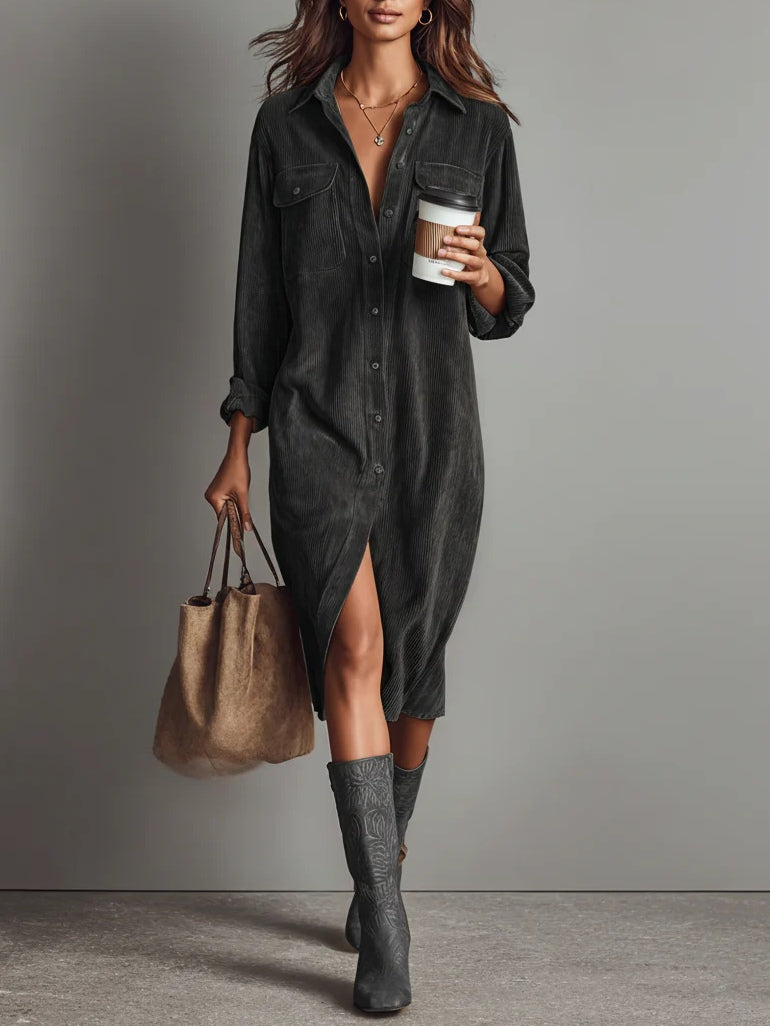 Woman wearing a corduroy button-down shirt dress