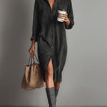 Woman wearing a corduroy button-down shirt dress