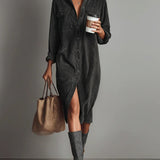 Woman wearing a corduroy button-down shirt dress