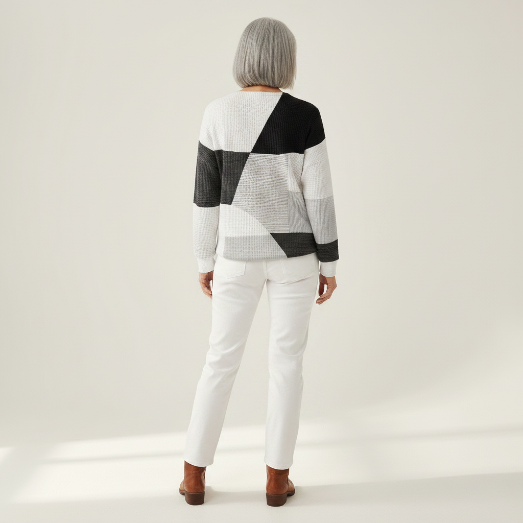 Ella Naturally Warm Patterned Jumper - back view showing colour-block panels