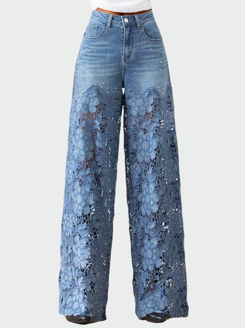 Wide-leg denim trousers with lace trim