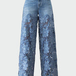 Wide-leg denim trousers with lace trim
