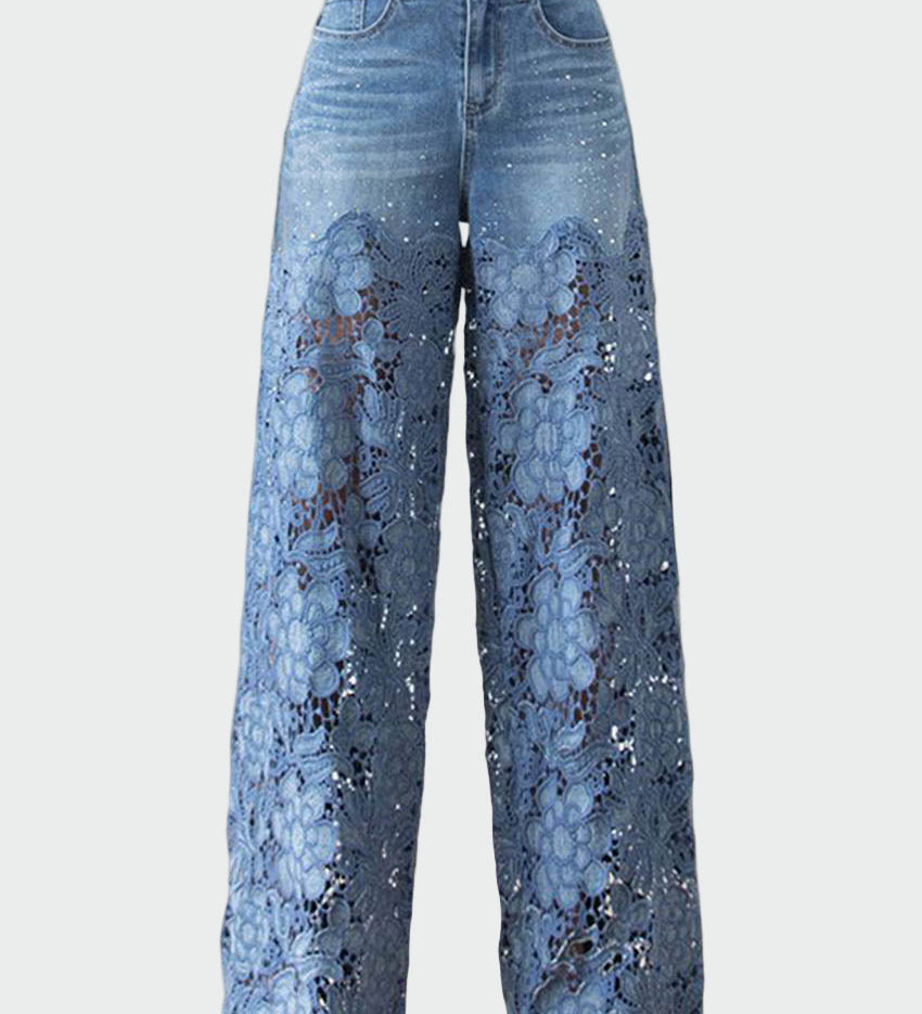 Wide-leg denim trousers with lace trim