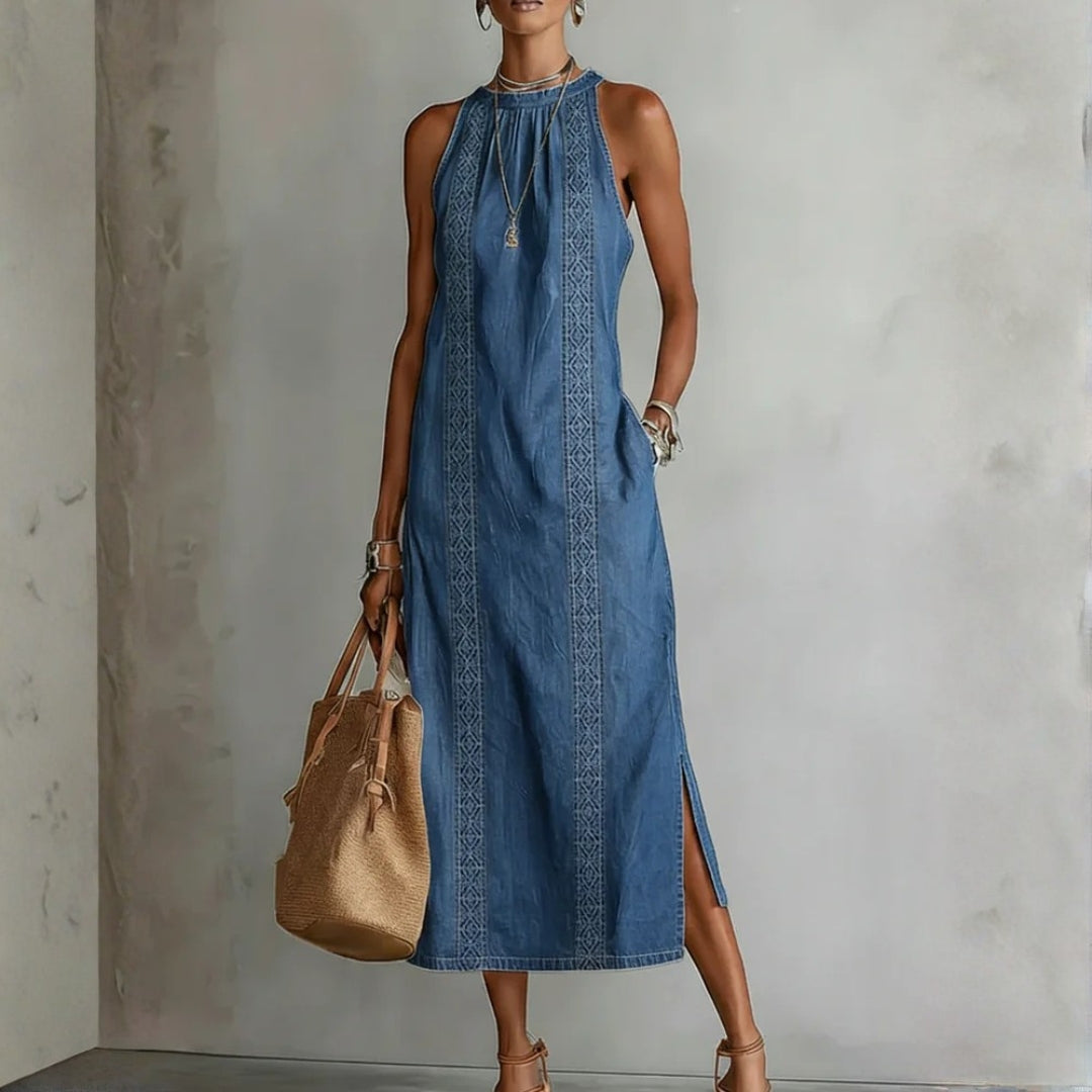 Retro lace-trim denim dress