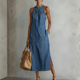 Retro lace-trim denim dress