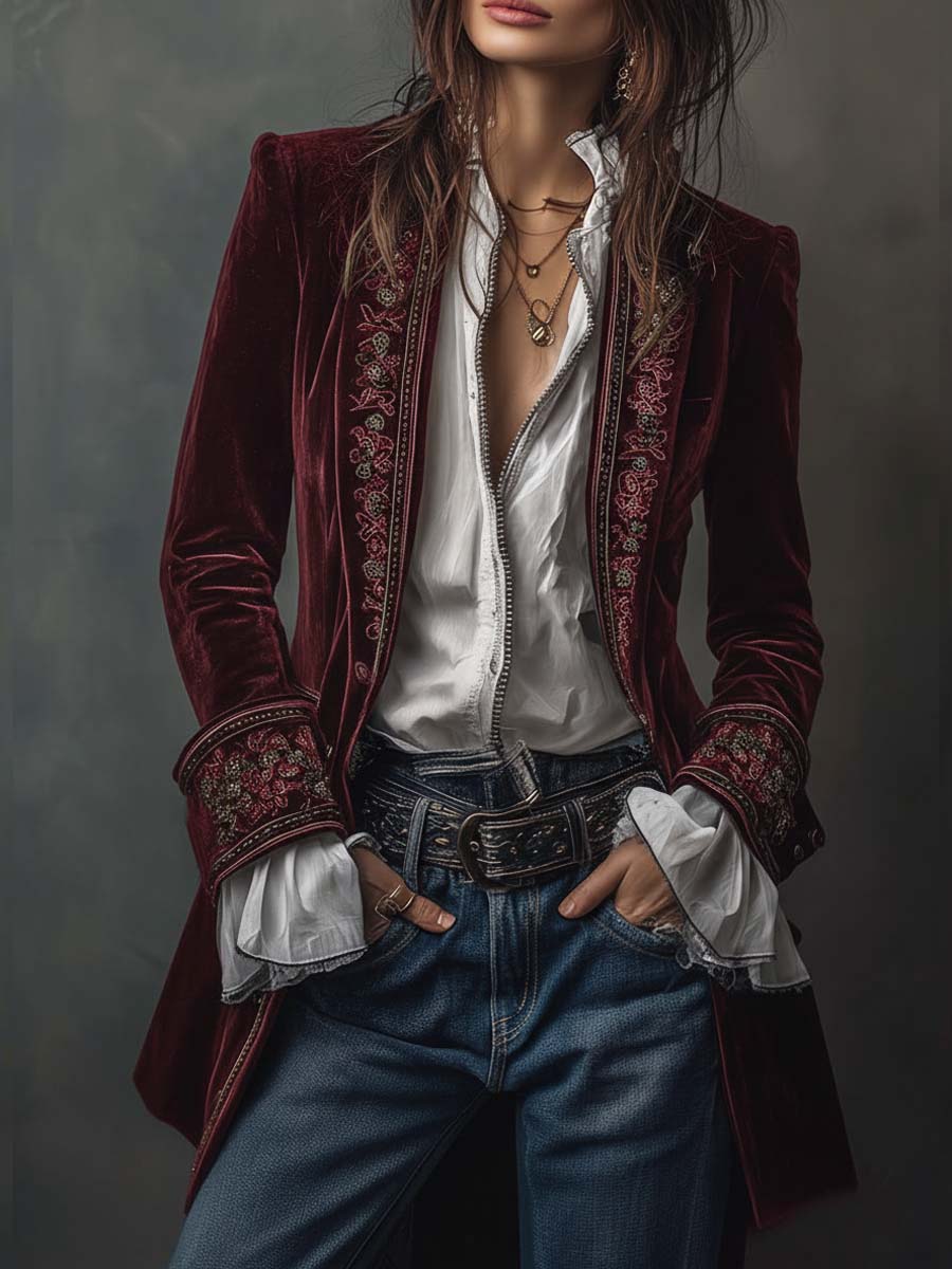 Woman wearing a long embroidered velvet jacket