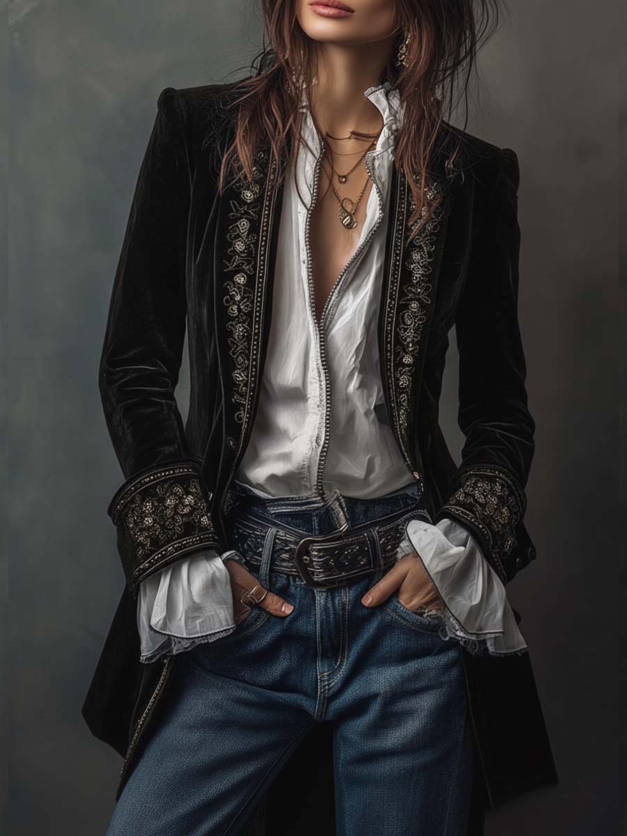 Woman wearing a long embroidered velvet jacket