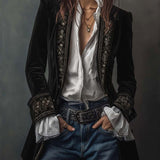 Woman wearing a long embroidered velvet jacket