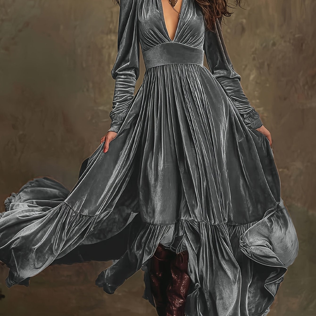 Woman wearing a deep V-neck pleated maxi dress