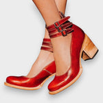 Vera Boots - Red colourway - distressed leather-look double-strap heeled boot