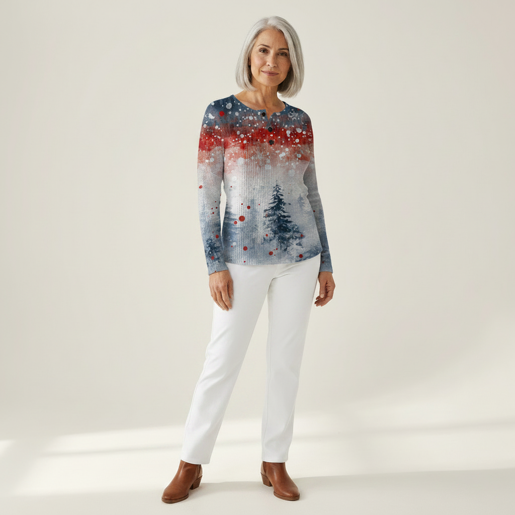 Alix Cosy Christmas-Tree Patterned Jumper - side view showing relaxed fit