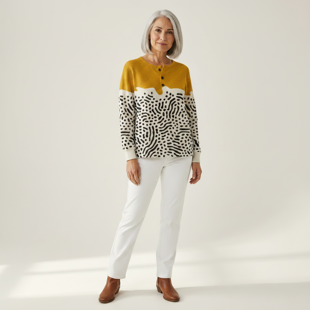 Liv Luxuriously Soft Patterned Jumper - full length front view with white trousers